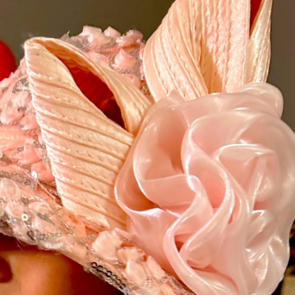 Elegant WHITTALL & SHON Pink Sequin Hat with Floral Accent